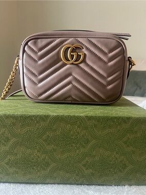 Gucci taupe matelassé GG Marmont small camera crossbody bag